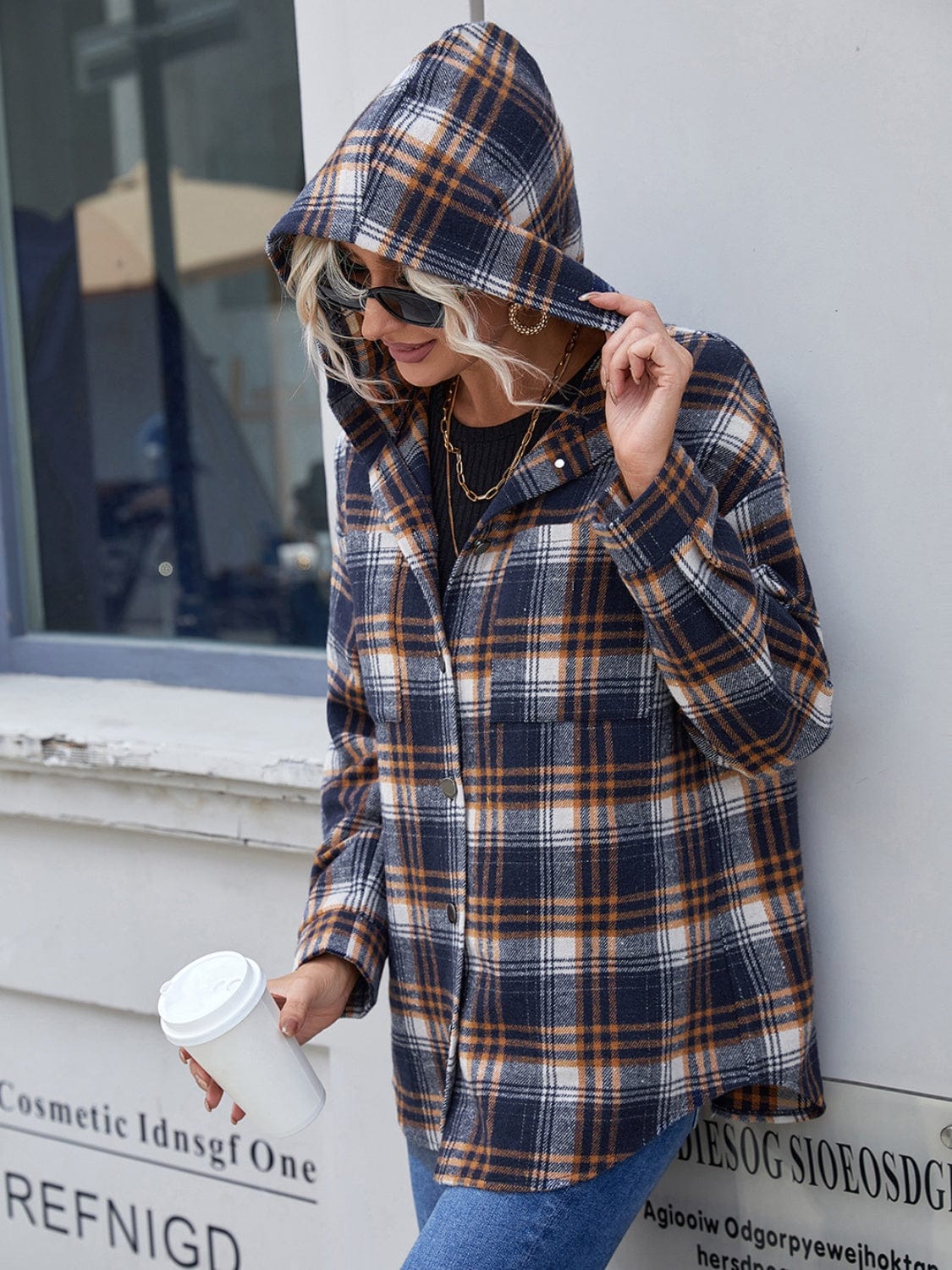 Dark Slate Gray Plaid Button Up Long Sleeve Hooded Jacket