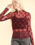 VERY J Mock Neck Fitted Sheer Mesh Lace Blouse