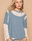 POL Lace Panel Round Neck Long Sleeve Top