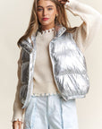 J.NNA Snap and Zipper Shiny Metallic Puffer Vest