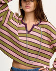 Striped Notched Long Sleeve T-Shirt