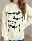 Letter Contrast Round Neck Dropped Shoulder Sweater