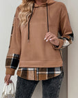 Perfee Drawstring Slit Plaid Long Sleeve Hoodie