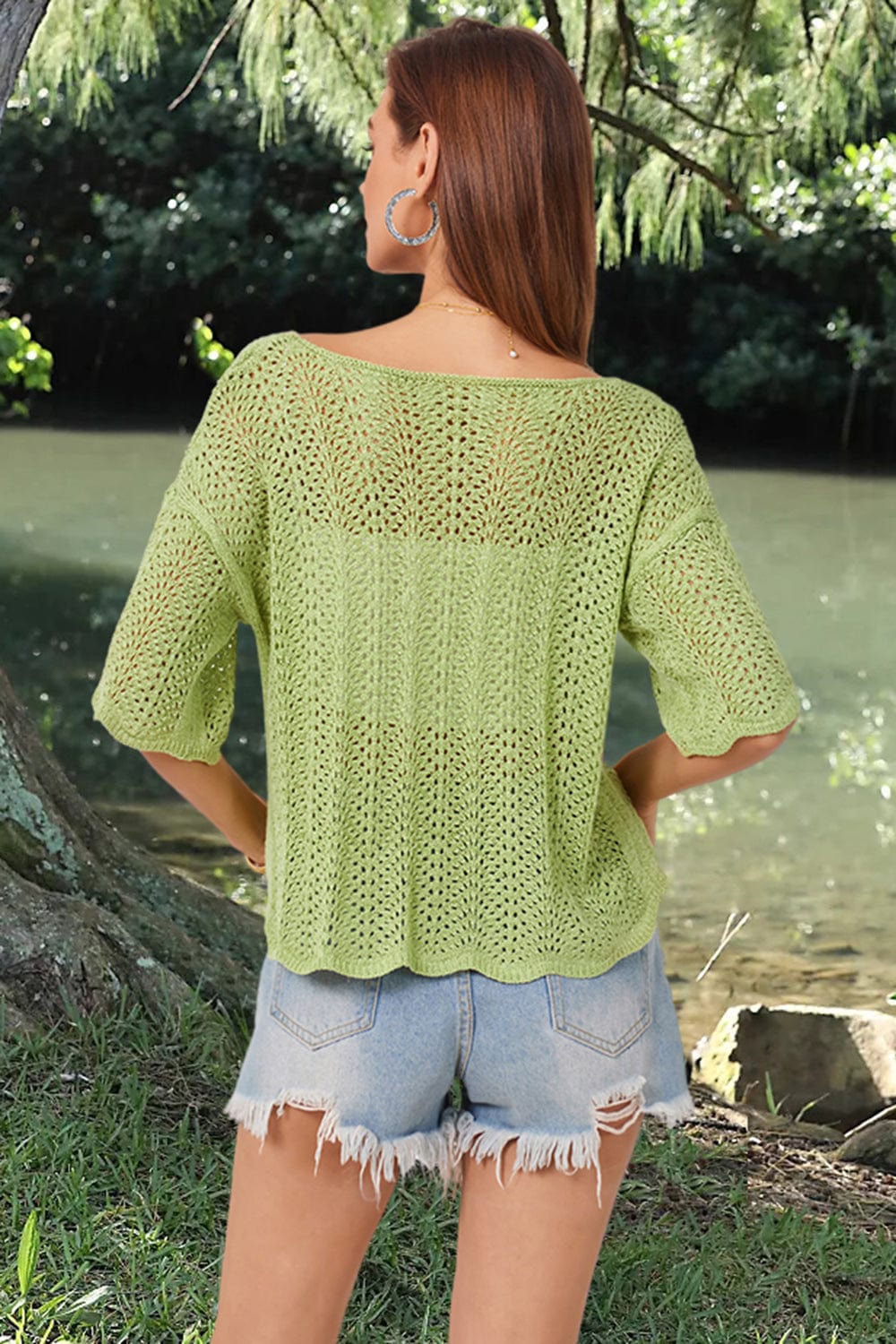 Dark Khaki Openwork Round Neck Half Sleeve Knit Top