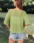 Dark Khaki Openwork Round Neck Half Sleeve Knit Top