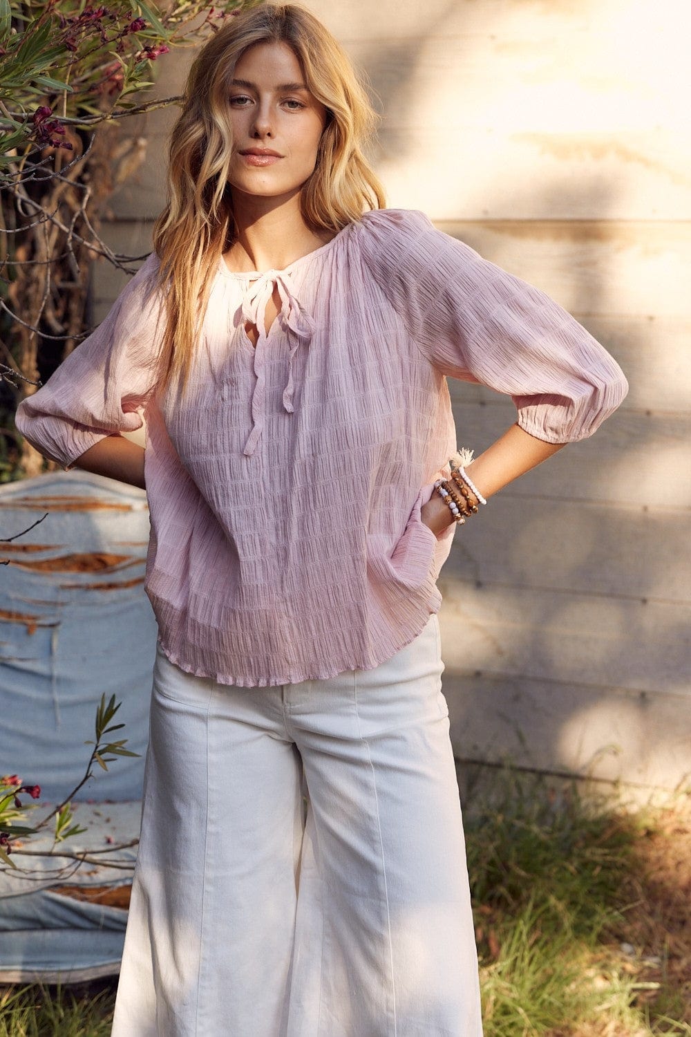 Rosy Brown In February Textured Tie Neck Blouse