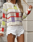 Gray Openwork Color Block Round Neck Sweater