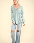 VERY J Washed V-Neck Exposed Seam Knit Top