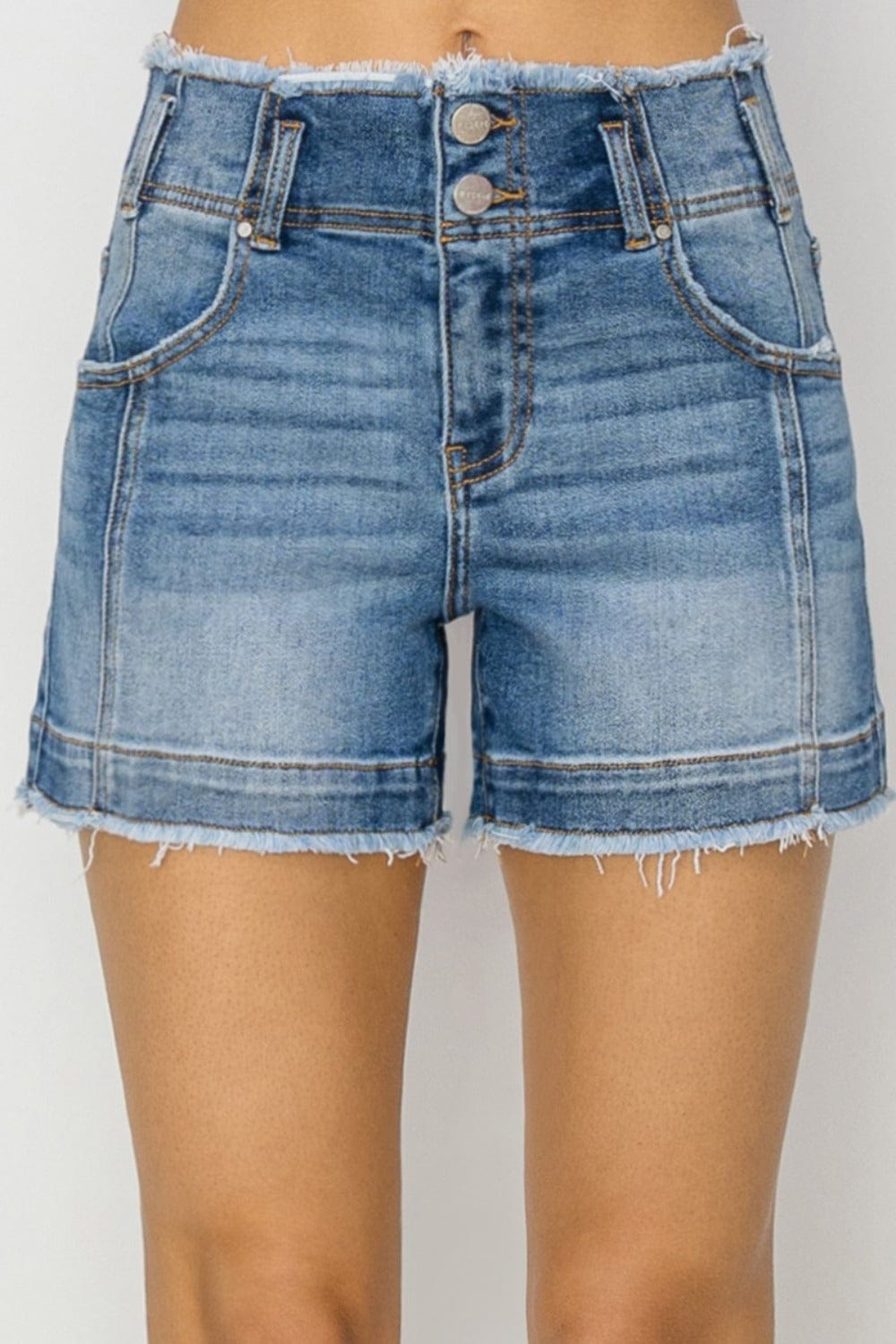 Gray RISEN High Rise Seam Detailed Raw Edge Denim Shorts