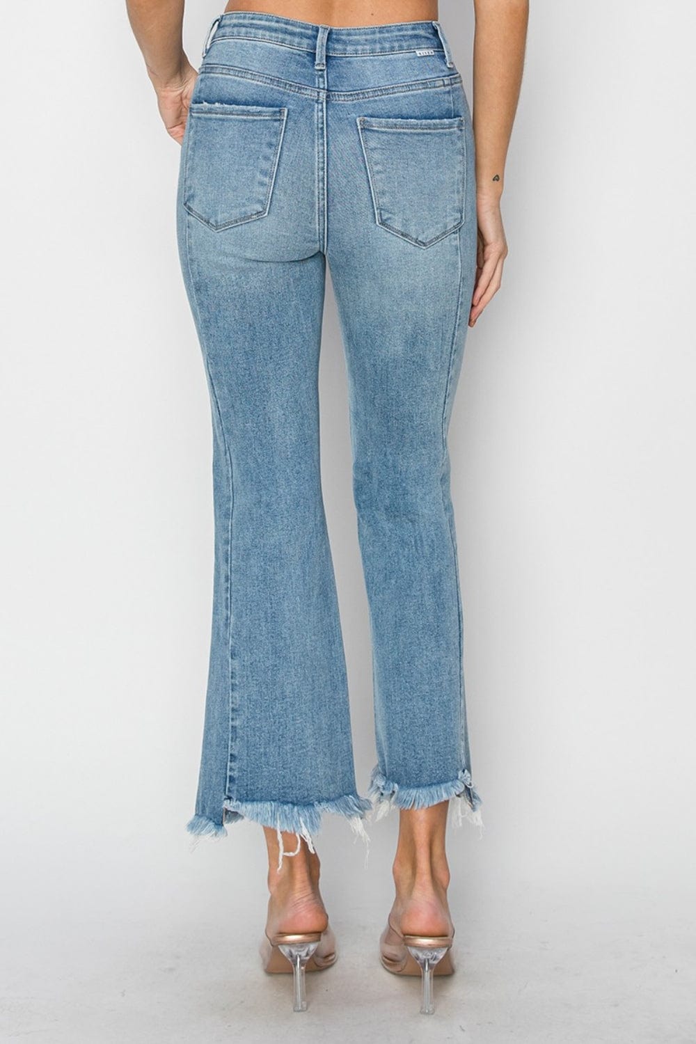 Light Gray RISEN Full Size High Rise Frayed Hem Flare Jeans