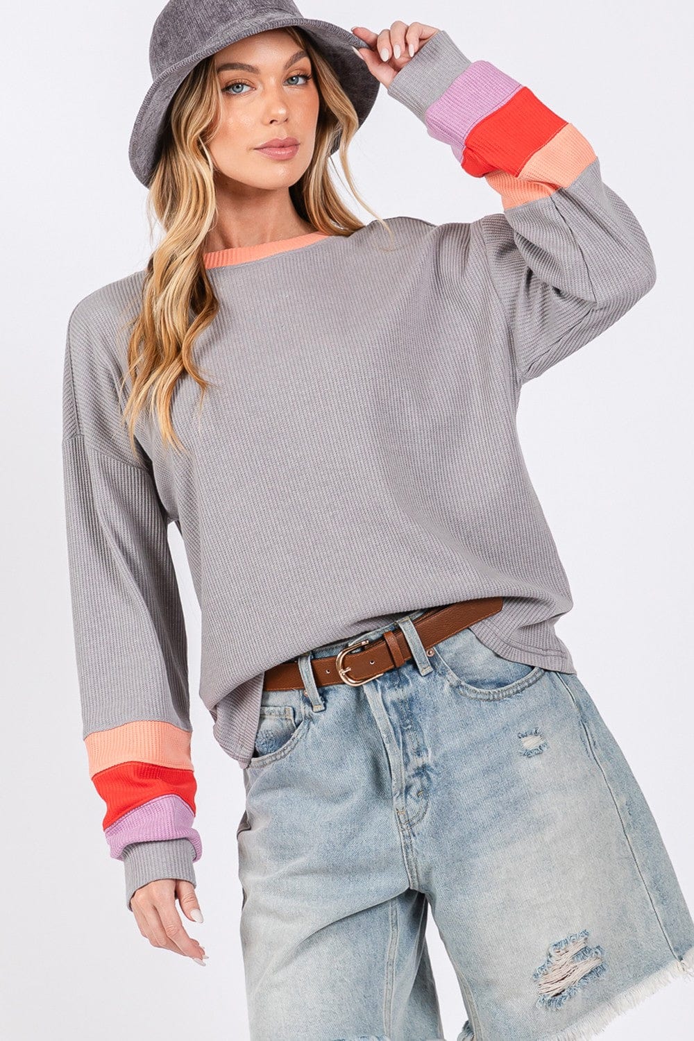 Light Gray SAGE + FIG Color Block Waffle Knit T-Shirt