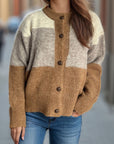 Color Block Round Neck Button Up Cardigan