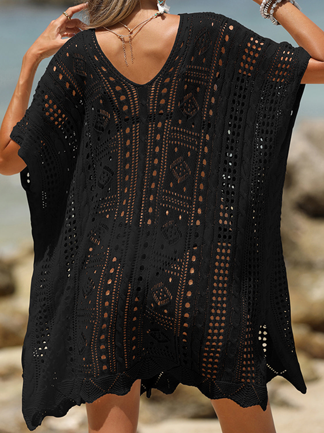 Rosy Brown Openwork Half Sleeve Cover-Up Sentient Beauty Fashions Apparel &amp; Accessories