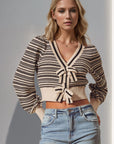 Double Take Full Size Striped Bow Decor Cropped Cardigan