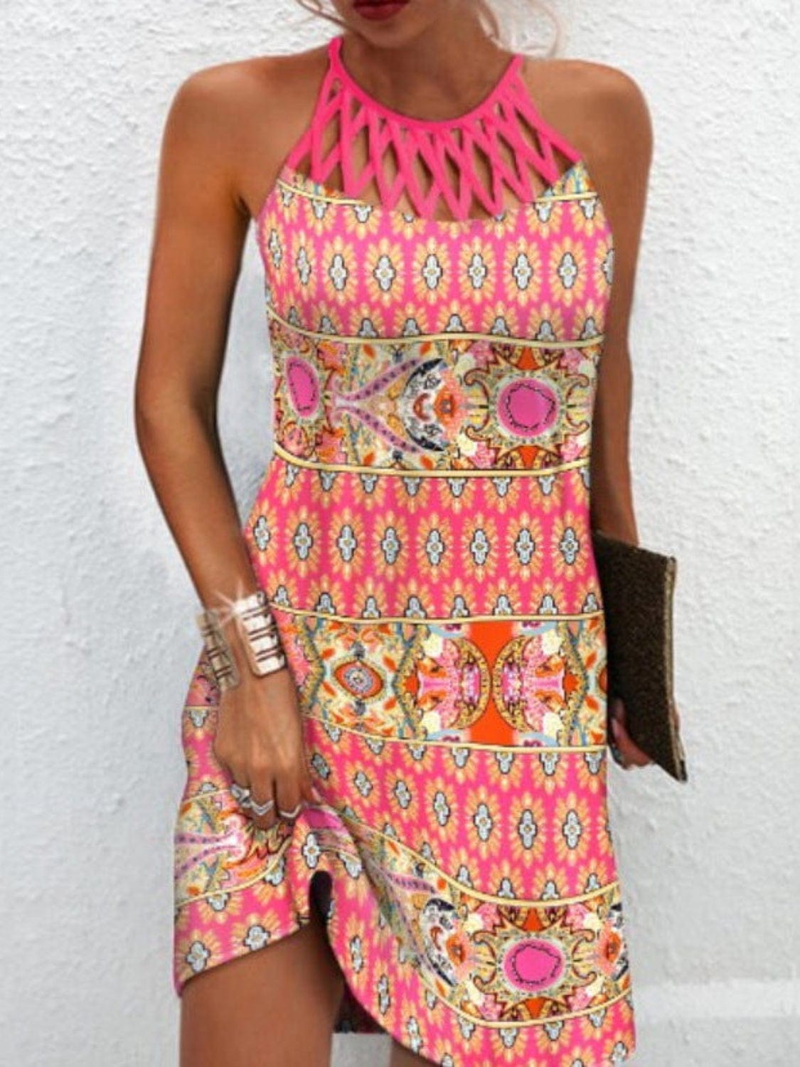 Light Gray Printed Grecian Neck Mini Dress