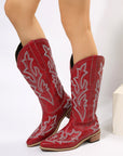 PU Leather Embroidered Geometric Point Toe Boots