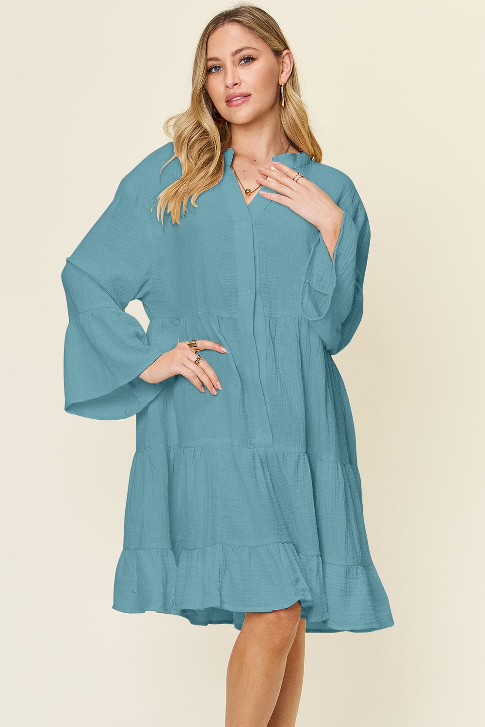 Cadet Blue Double Take Full Size Texture Button Up Ruffle Hem Dress