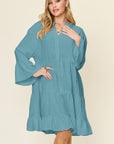 Cadet Blue Double Take Full Size Texture Button Up Ruffle Hem Dress