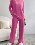 Gray Ribbed V-Neck Top and Pants Set Sentient Beauty Fashions Apparel & Accessories