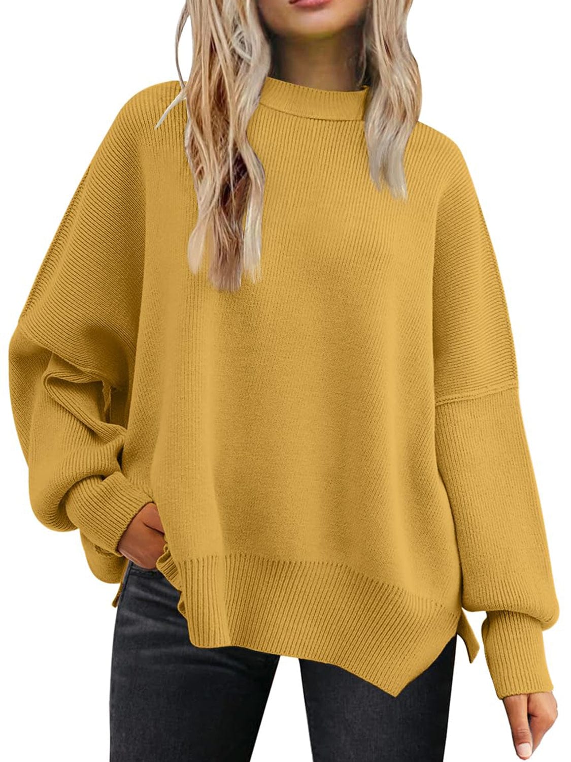 Goldenrod Slit Round Neck Dropped Shoulder Sweater