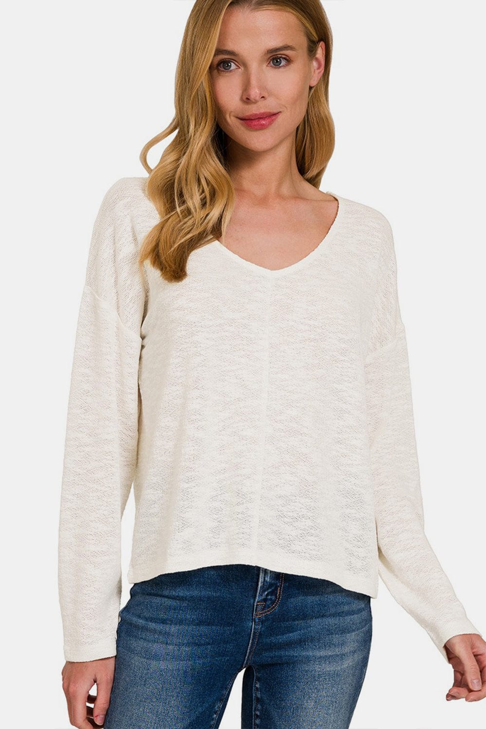 Antique White Zenana V-Neck Dropped Shoulder Long Sleeve T-Shirt