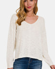 Antique White Zenana V-Neck Dropped Shoulder Long Sleeve T-Shirt