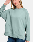 Zenana Scuba Round Neck Side Slit Sweatshirt