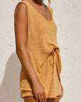 Tan V-Neck Sleeveless Top and Drawstring Shorts Sweater Set