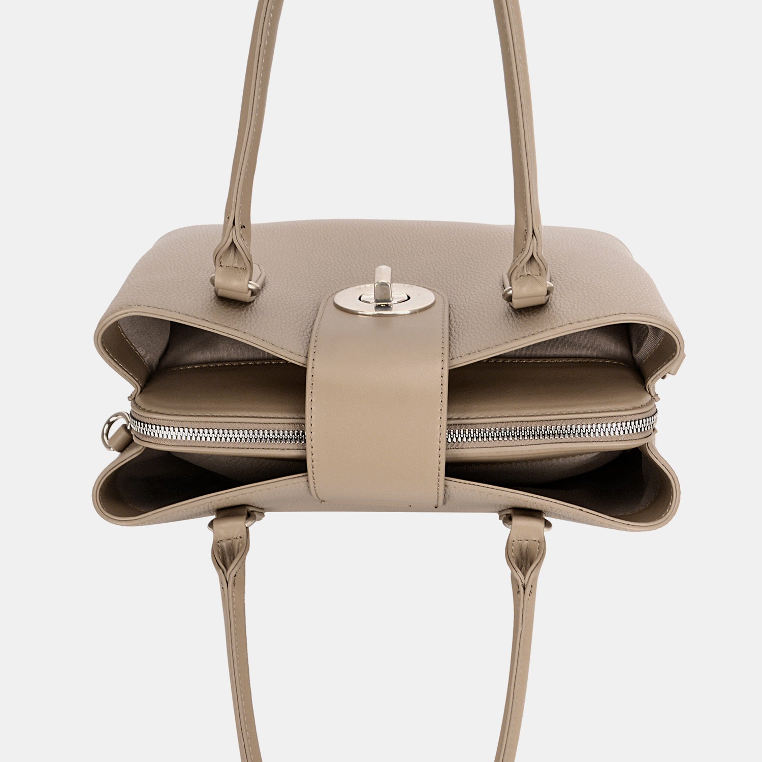Beige David Jones PU Leather Twist-Lock Tote Bag Sentient Beauty Fashions Apaparel &amp; Accessories