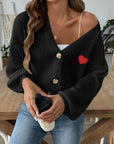 Heart Button Down V-Neck Long Sleeve Cardigan