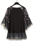 Black Full Size Frill Printed Round Neck Half Sleeve Blouse