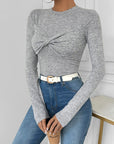 Gray Twisted Round Neck Long Sleeve T-Shirt