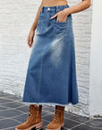 Raw Hem Buttoned Denim Skirt with Pockets