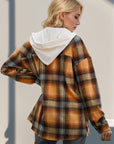 Double Take Drawstring Plaid Long Sleeve Hooded Shacket