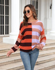 Angel Wings Round Neck Long Sleeve Color Block Dropped Shoulder Pullover Sweater