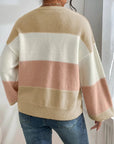 Color Block Round Neck Lantern Sleeve Sweater