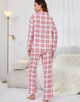 Plaid Collared Neck Long Sleeve Top and Pants Lounge Set