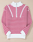 Striped Half Zip Mock Neck Long Sleeve Sweater