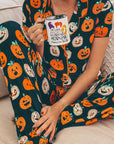 Pumpkin Printed Short Sleeve Top and Pants Lounge Set