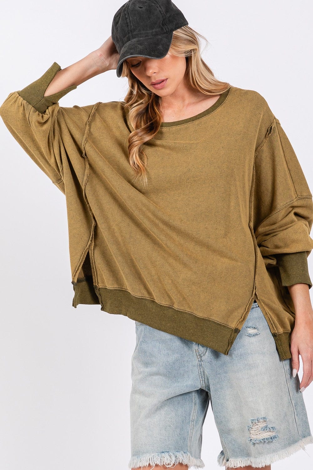 Light Gray SAGE + FIG Mineral Wash Side Slit Oversized Sweatshirt