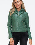 Snobbish Faux Leather Zip Up Drawstring Hooded Jacket