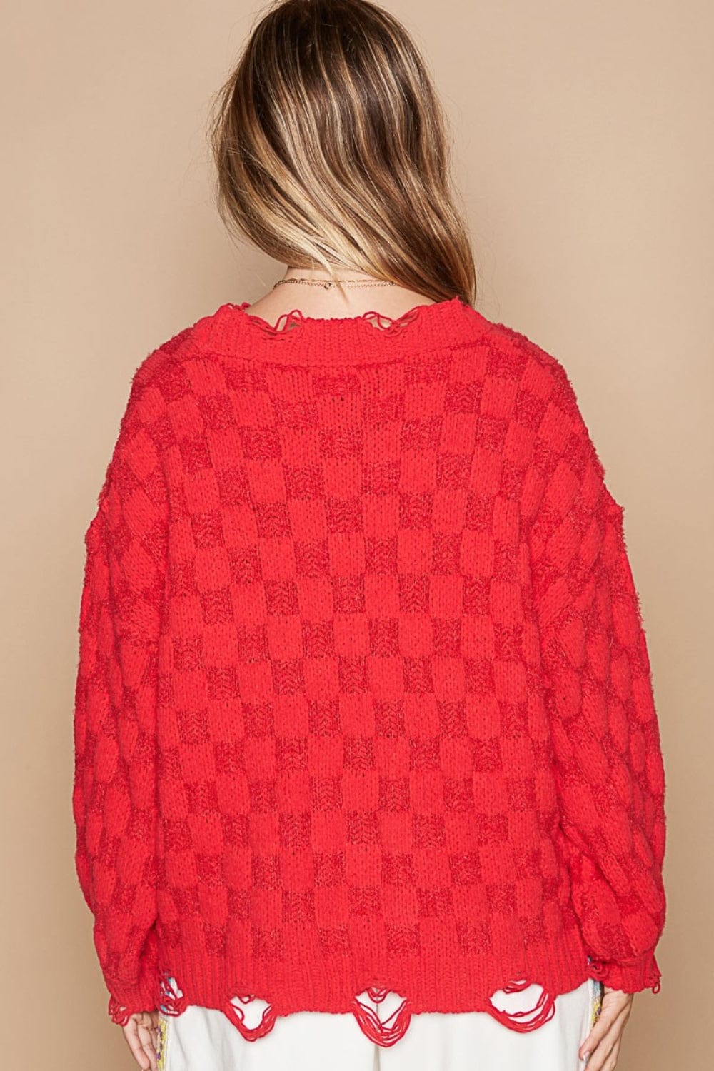 Firebrick POL Checkered Distressed Edge Sweater