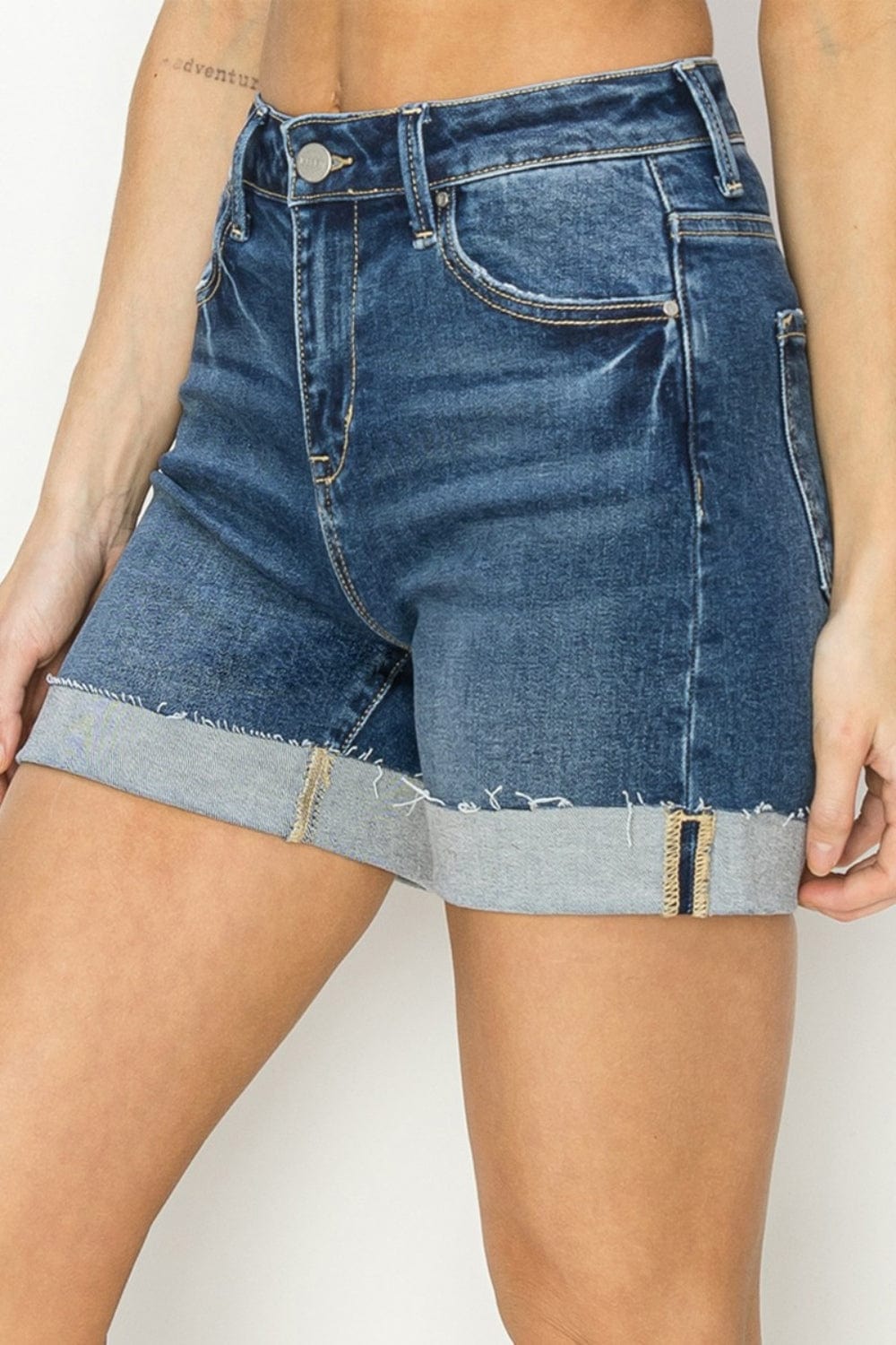 Dark Slate Gray RISEN High Rise Cuffed Denim Shorts