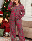 Plus Size Plaid Collared Neck Top and Pants Lounge Set