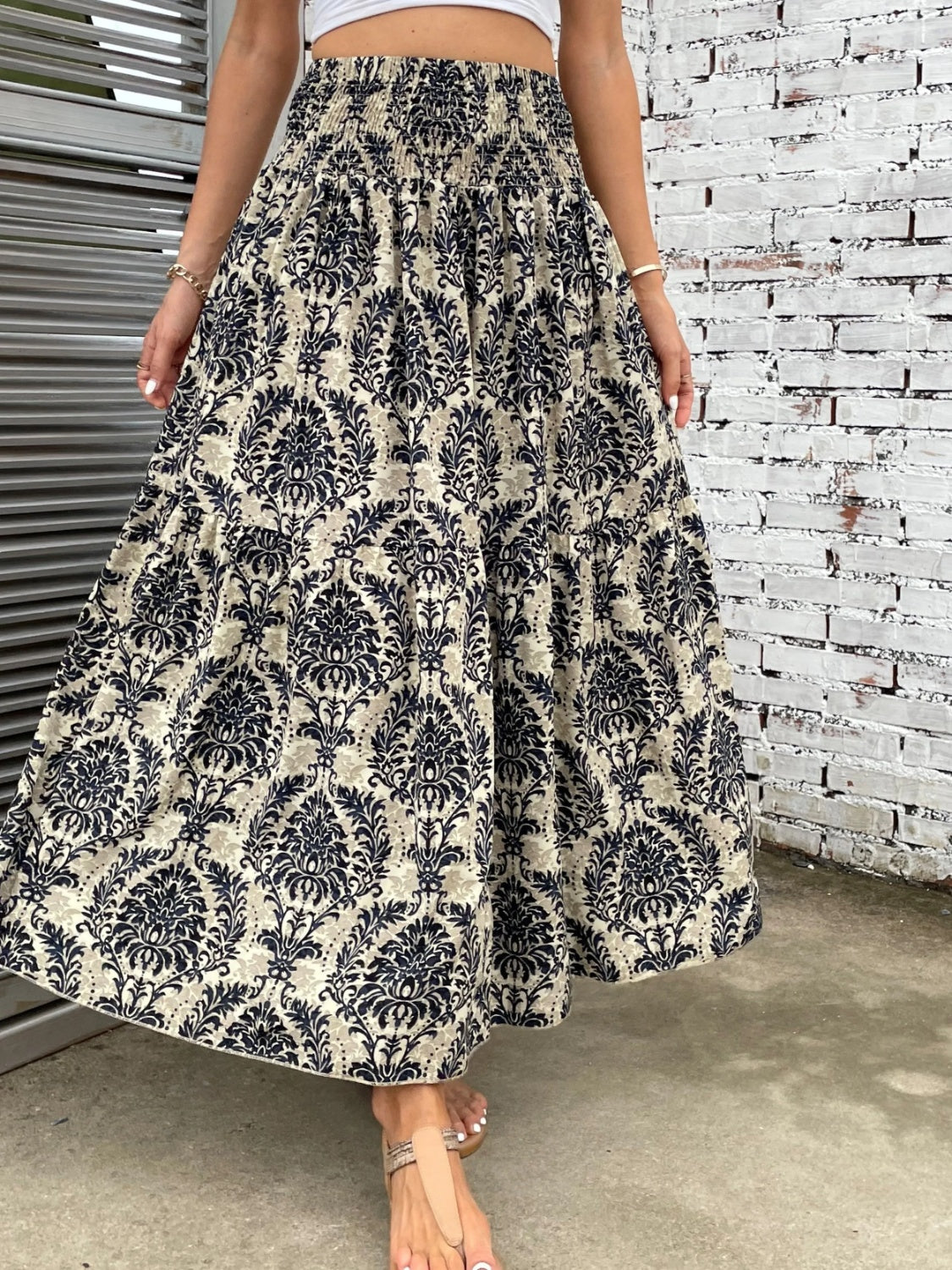 Rosy Brown Printed Elastic Waist Maxi Skirt Sentient Beauty Fashions Apaparel & Accessories