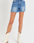 Antique White RISEN Front Slit Raw Hem Denim Shorts