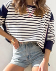 Slit Exposed Seam Striped Long Sleeve Sweatshirt