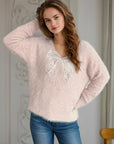 Bow Pearl Detail V-Neck Long Sleeve Sweater