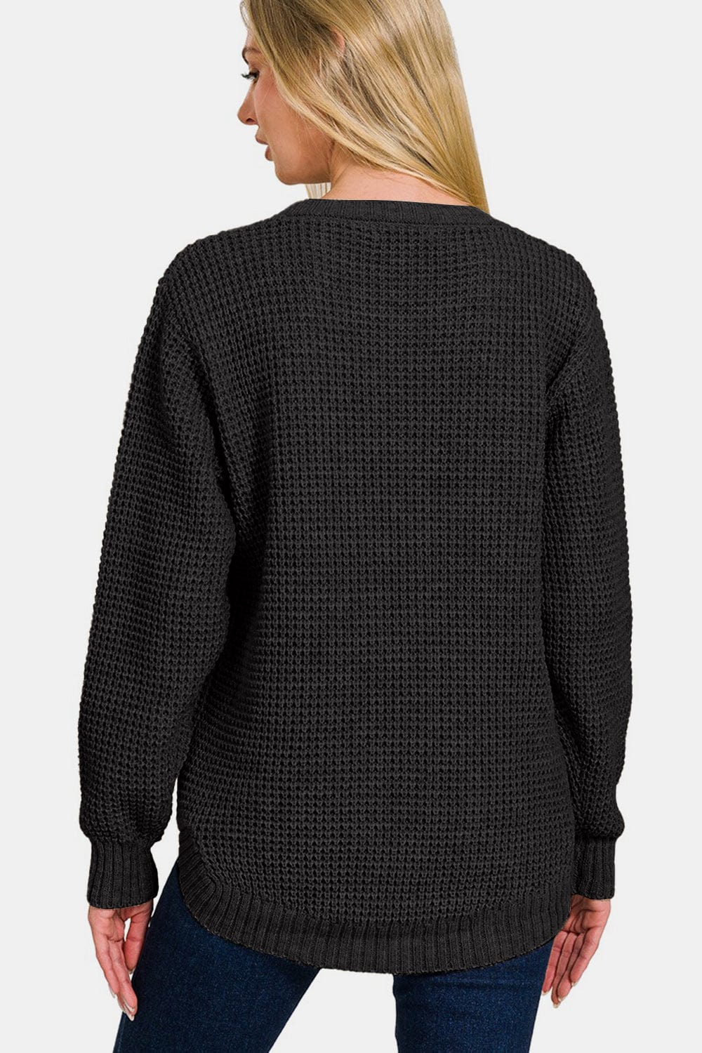 Dark Slate Gray Zenana High Low Long Sleeve Waffle Sweater