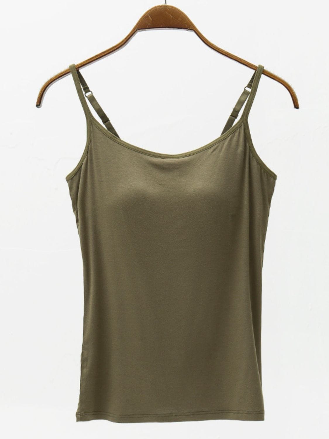 Dark Olive Green Full Size Adjustable Strap Modal Cami with Bra Sentient Beauty Fashions Apaparel &amp; Accessories